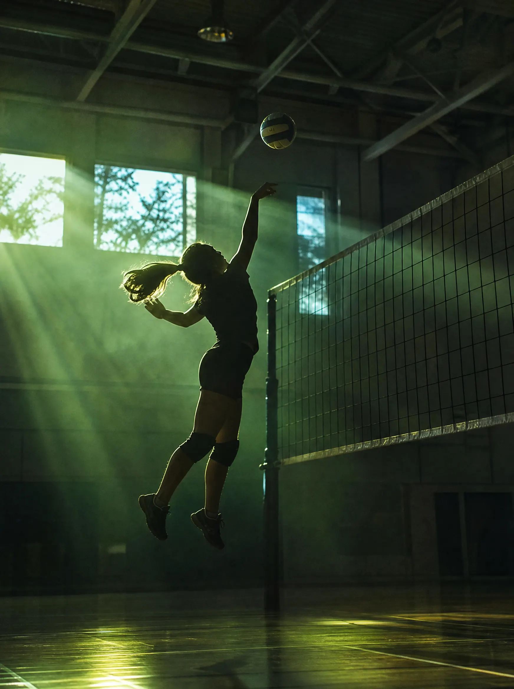 A volleyball player rising to spike the ball in a sunlit gym