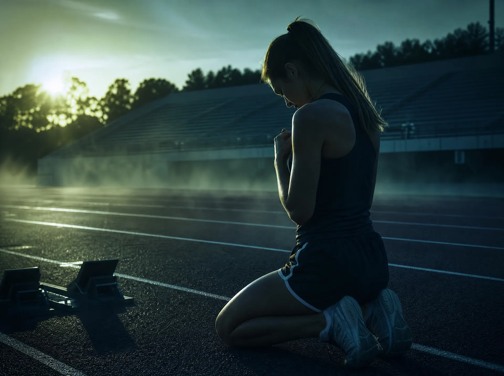 A track athlete kneeling at the starting line in quiet prayer at dawn