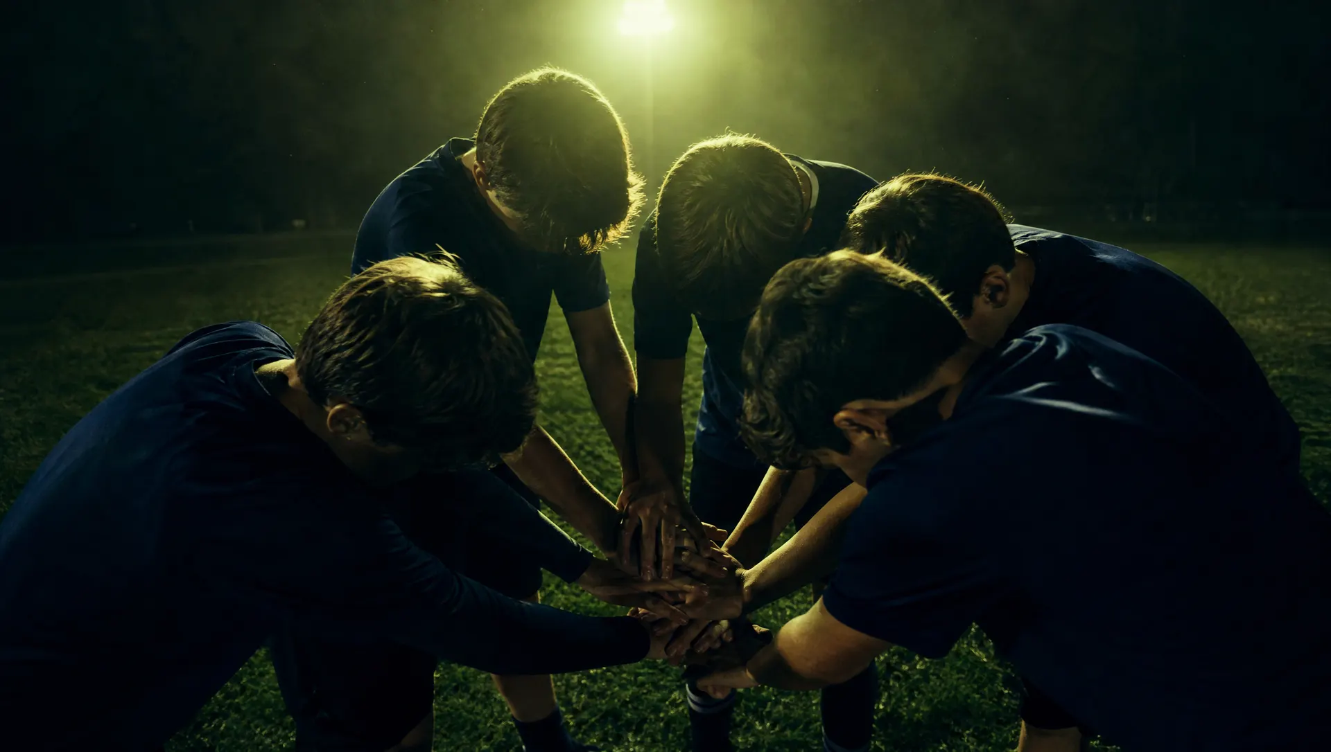 A team huddle with hands stacked together under stadium lights