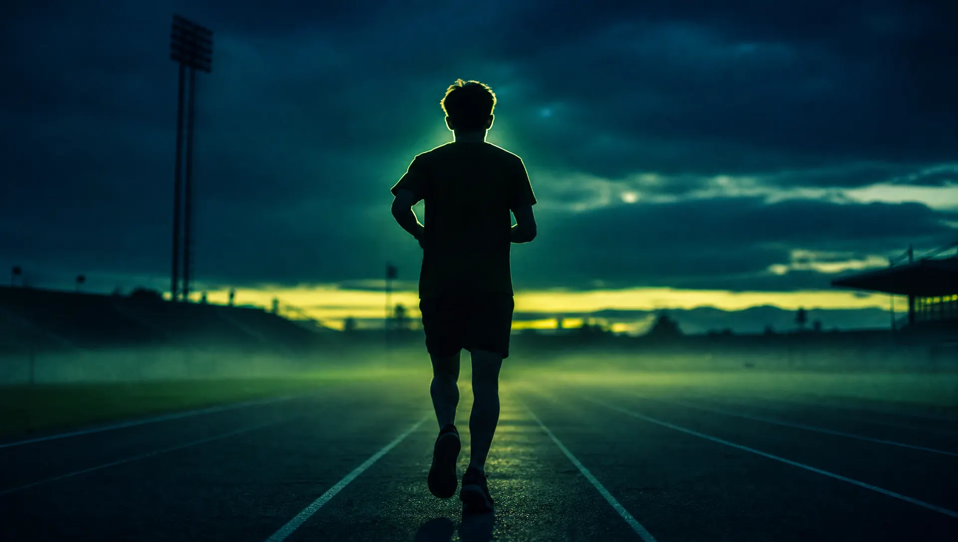 A runner training alone on a stadium track at dawn