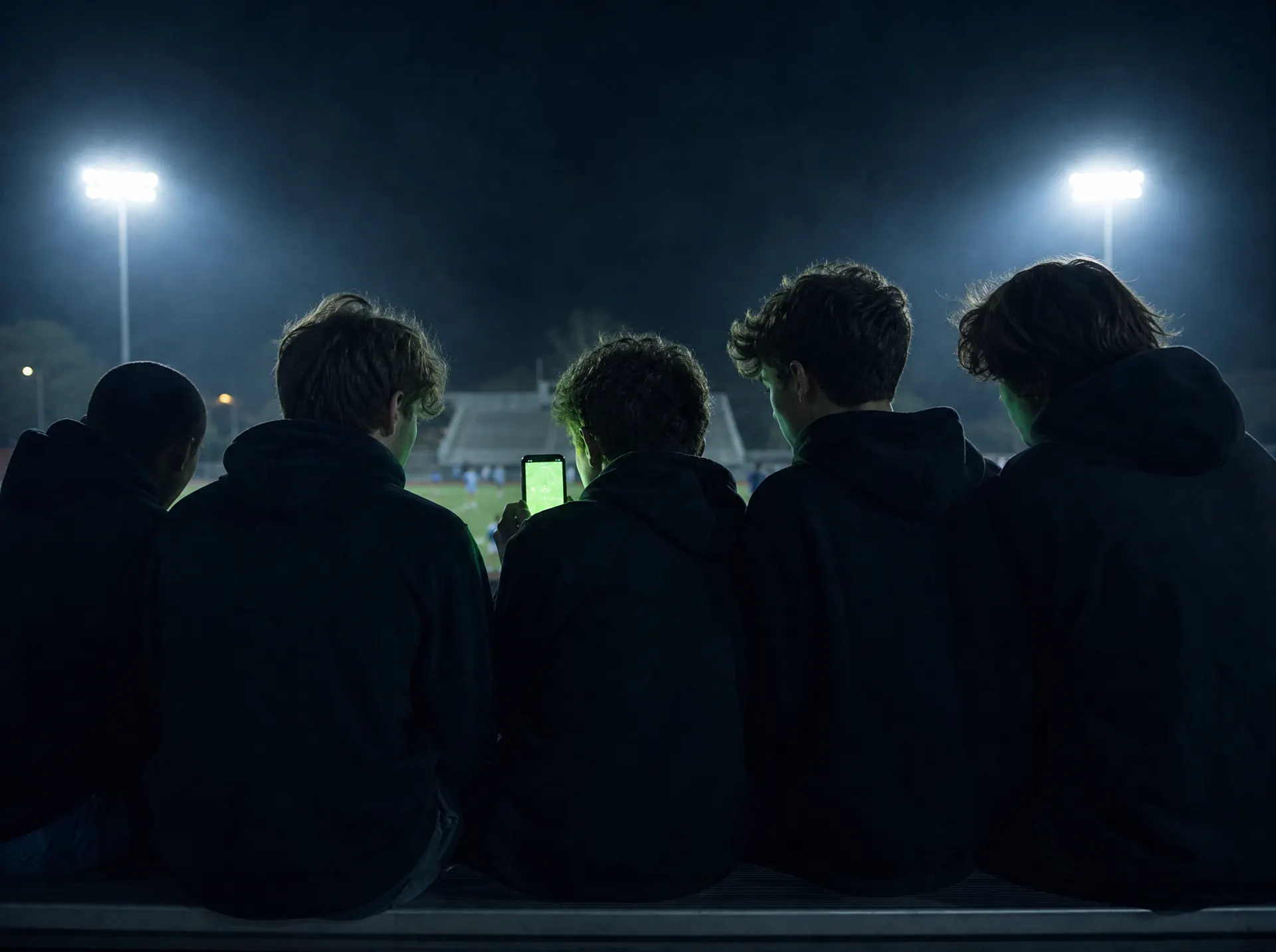 Friends on the bleachers leaning in around a glowing phone